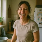 Jess from GoSaladRecipe.com eating a healthy green salad in her cozy home kitchen with natural light and a relaxed, real-life vibe