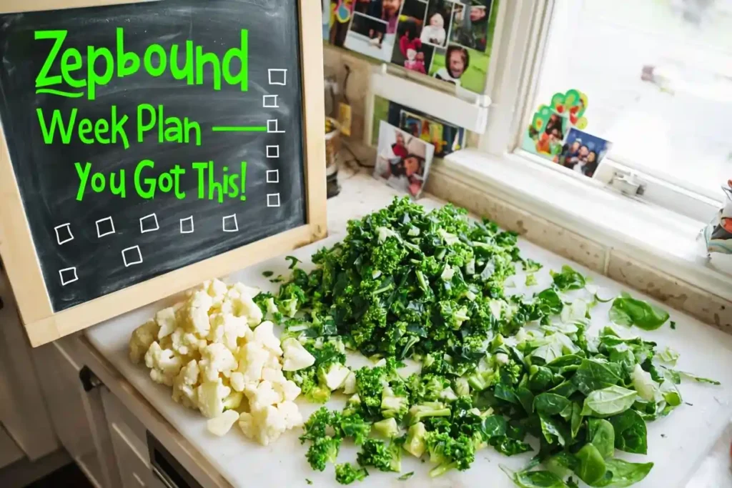 Vibrant Kitchen Scene With Fresh Chopped Vegetables And Week Zepbound Meal Plan