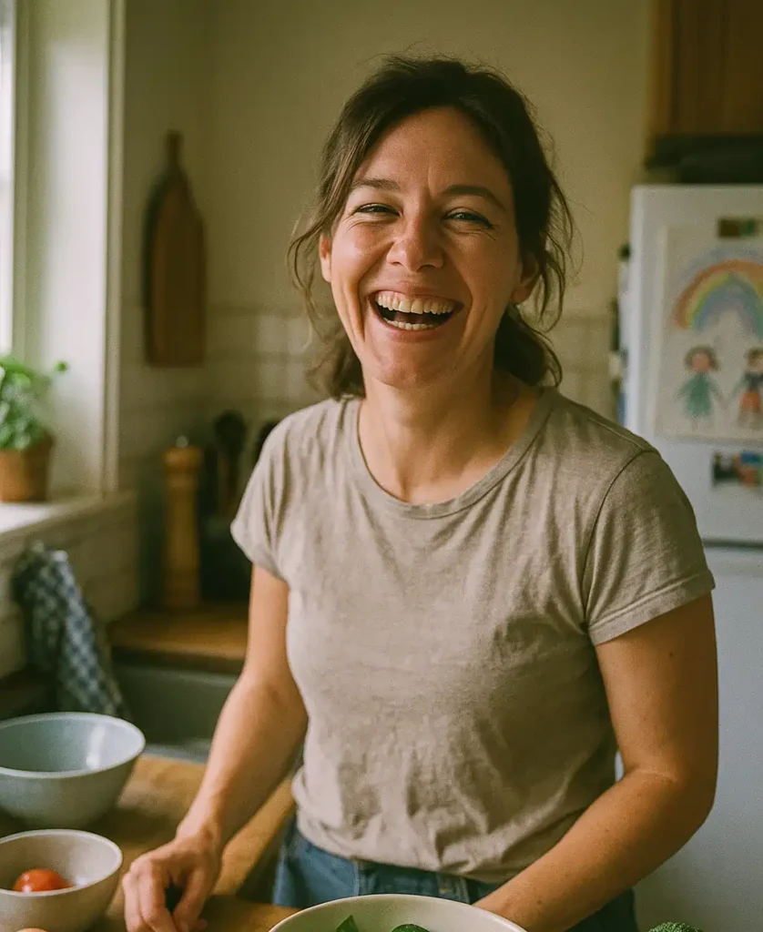 Jess from GoSaladRecipe.com eating a healthy green salad in her cozy home kitchen with natural light and a relaxed, real-life vibe