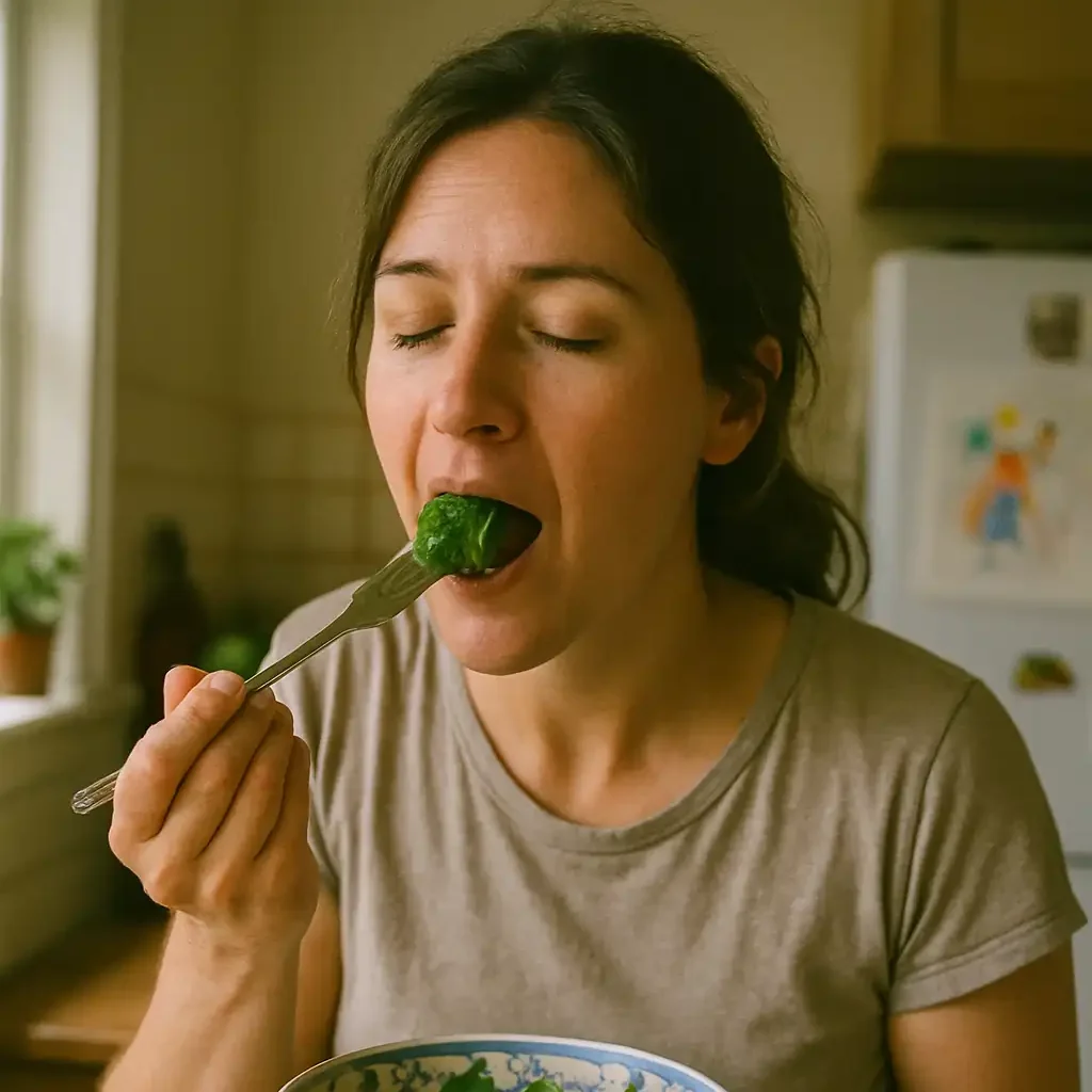 Jess from GoSaladRecipe.com eating a healthy green salad in her cozy home kitchen with natural light and a relaxed, real-life vibe