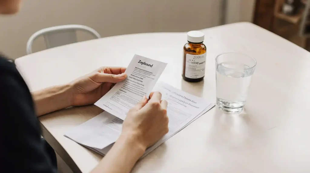 over the shoulder view of a person reading a prescription label at a kitchen table next to a glass