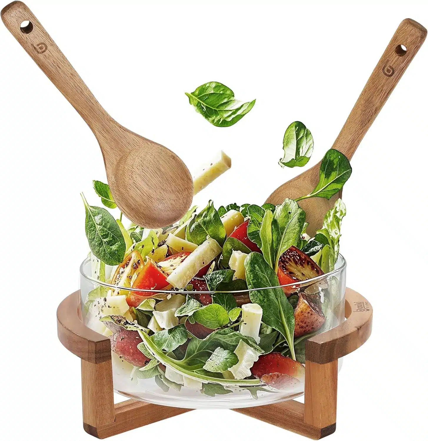 Large glass salad bowl set with acacia wood serving spoon and fork
