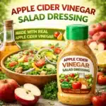 apple cider vinegar salad dressing bottle with fresh salad