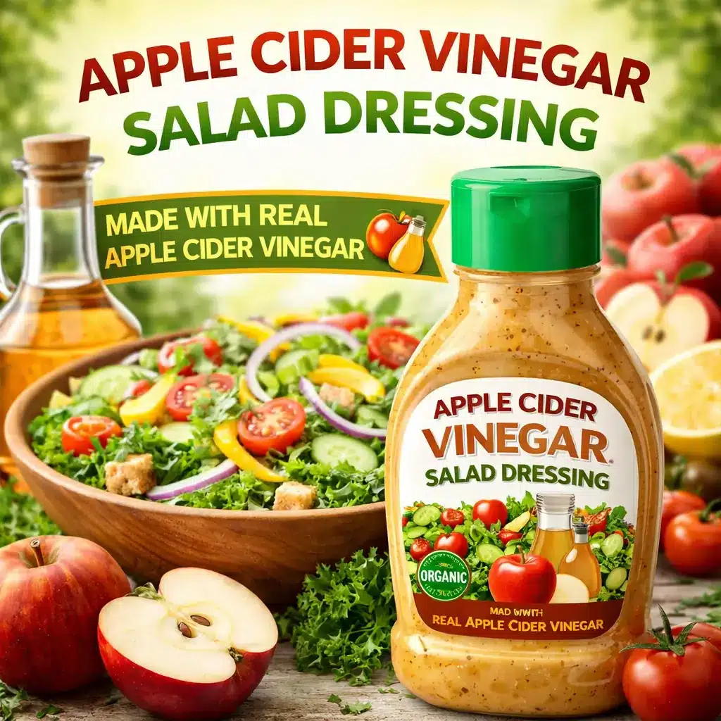 apple cider vinegar salad dressing bottle with fresh salad