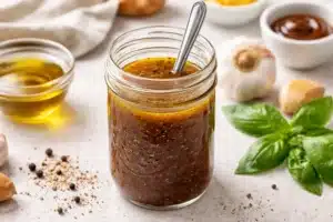 Homemade balsamic vinaigrette in a mason jar with olive oil, garlic, and basil on a kitchen countertop.