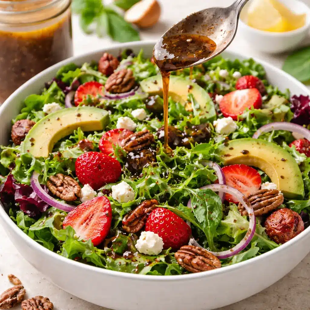 Fresh salad with strawberries, avocado, pecans, feta cheese, and balsamic vinaigrette dressing.