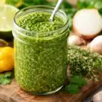 Jar of Caribbean green seasoning made with fresh herbs, garlic, lime, and peppers on a wooden board