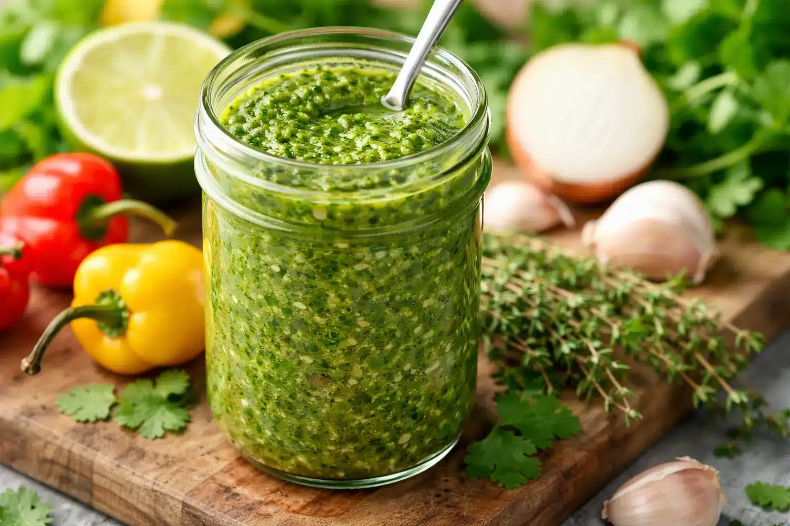 Jar of Caribbean green seasoning made with fresh herbs, garlic, lime, and peppers on a wooden board