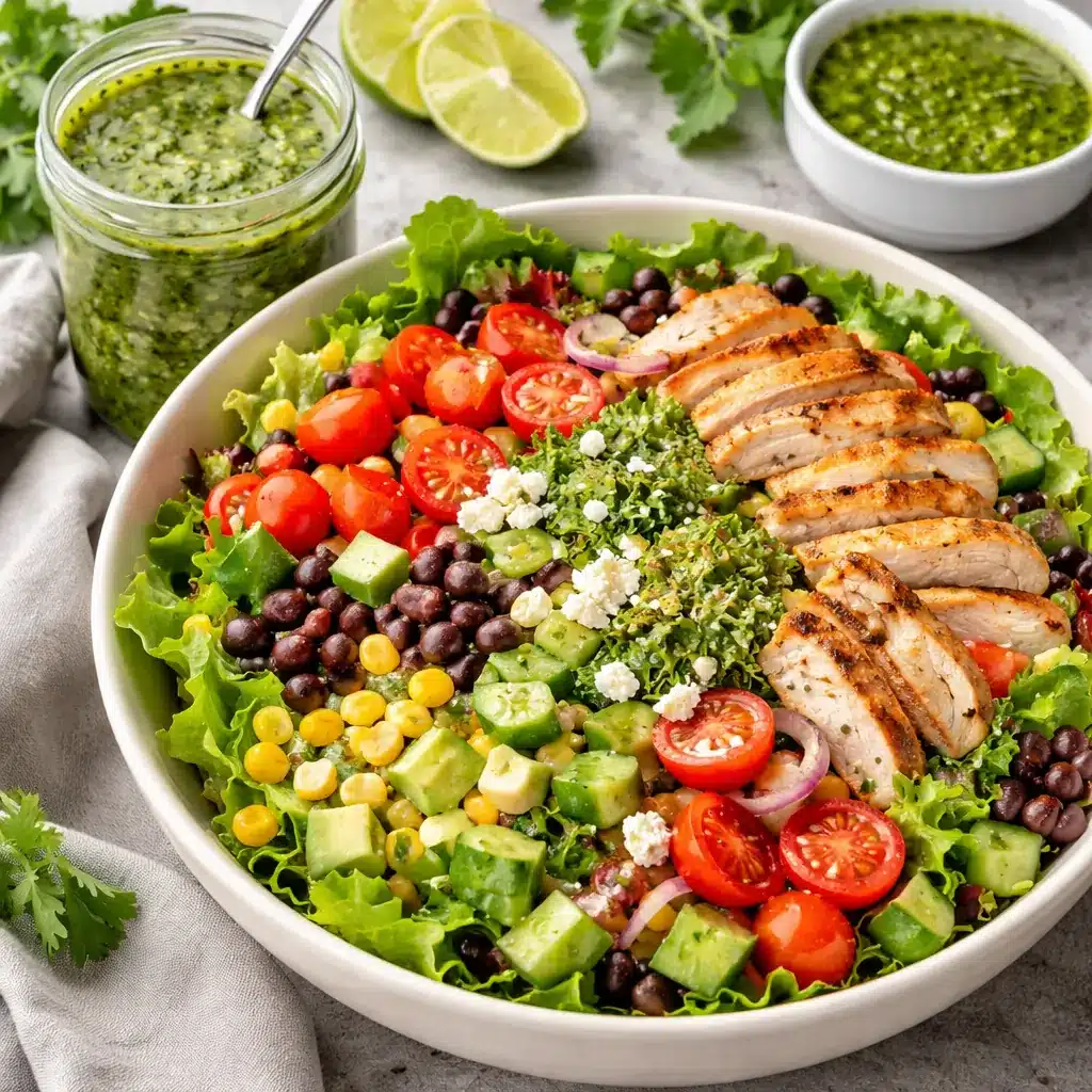 Healthy salad topped with grilled chicken and Caribbean green seasoning dressing