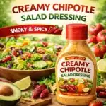 creamy chipotle salad dressing in a bottle served beside a vibrant salad with avocado, tomatoes, and lime.