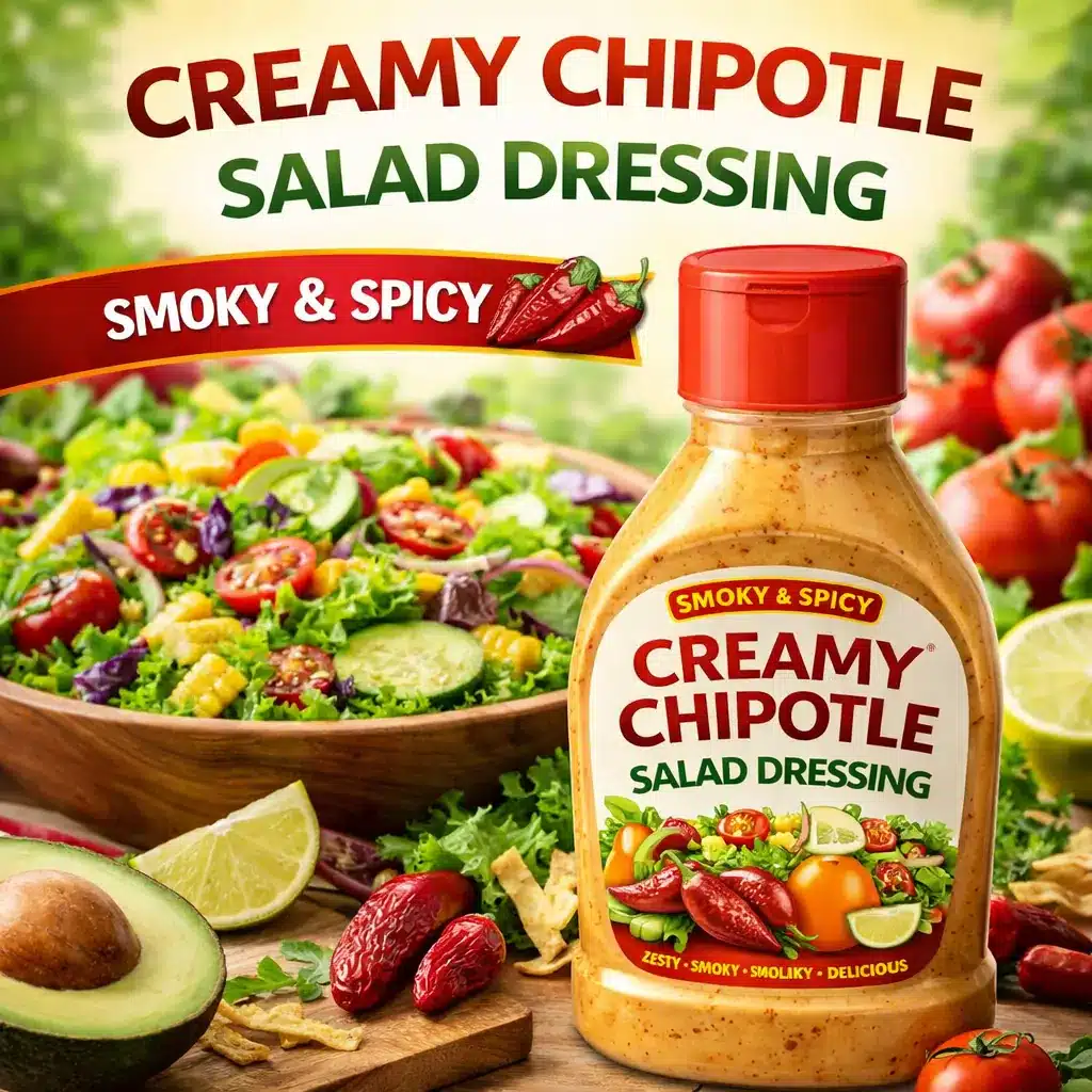 creamy chipotle salad dressing in a bottle served beside a vibrant salad with avocado, tomatoes, and lime.
