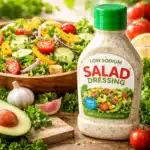 low sodium salad dressing in a bottle next to a fresh salad bowl with lettuce, cucumber, tomatoes, and onion.