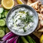 Bowl of homemade tzatziki sauce recipe with pita bread and fresh vegetables on the side