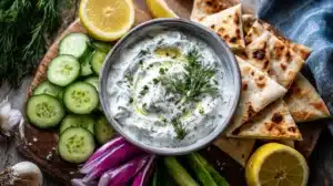 Bowl of homemade tzatziki sauce recipe with pita bread and fresh vegetables on the side