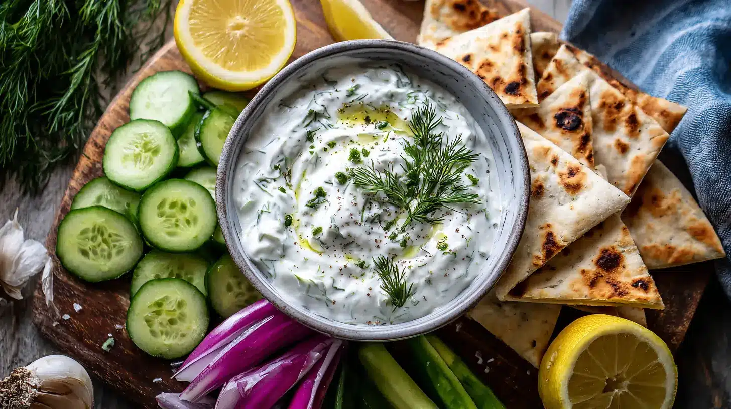 Bowl of homemade tzatziki sauce recipe with pita bread and fresh vegetables on the side